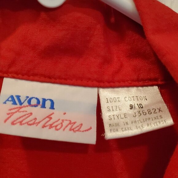 💃VINTAGE 80s Avon Bright Red Shirtdress Puff Sleeve Elastic Waist Midi 8 - Picture 6 of 10